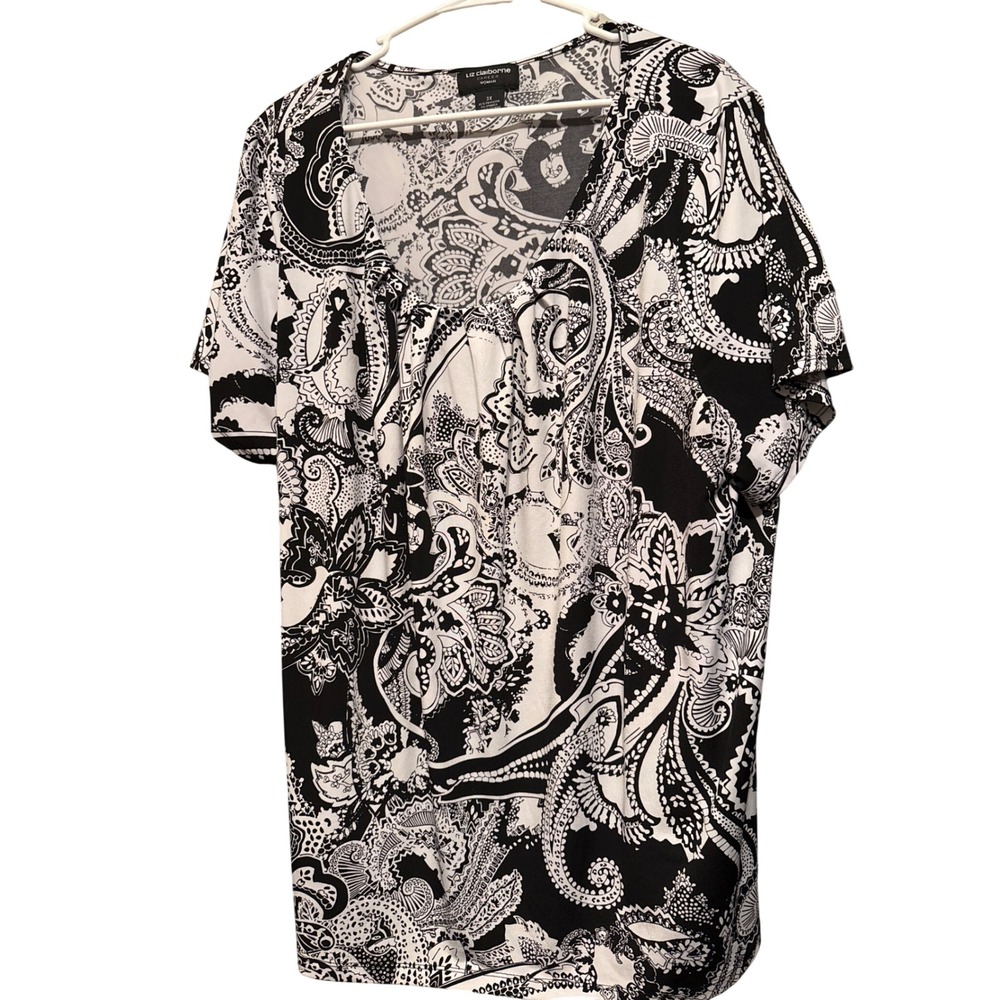Liz Claiborne Career Woman 3X Black White Paisley Short Sleeve Blouse Top